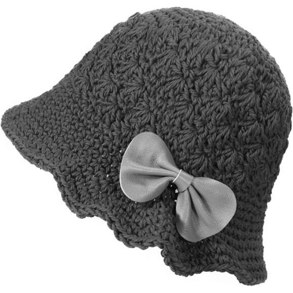 Women Winter Crochet Bucket Hat Bow Gray